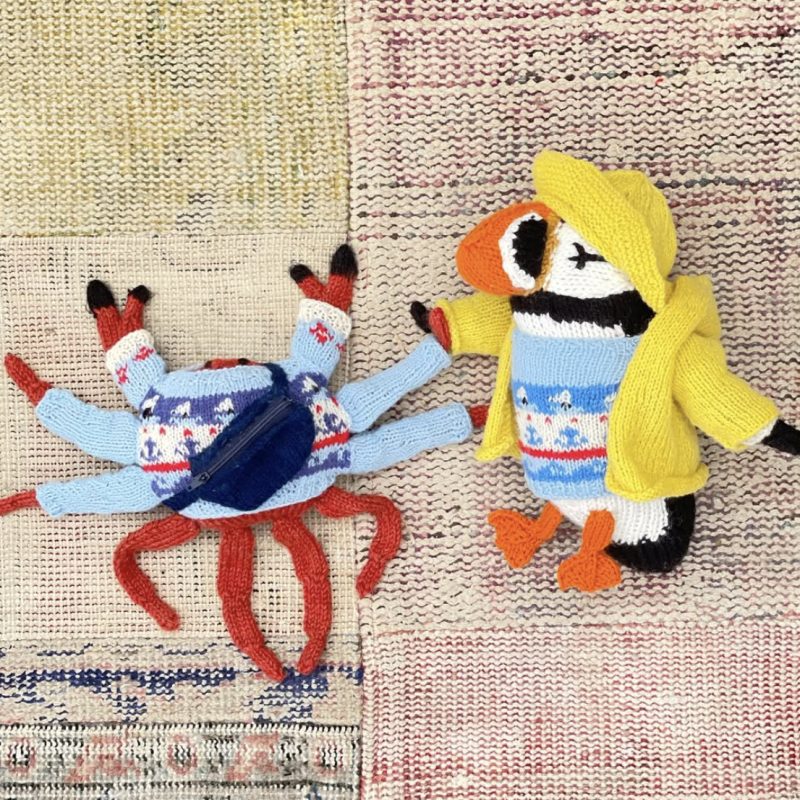 Knitted puffin and knitted crab