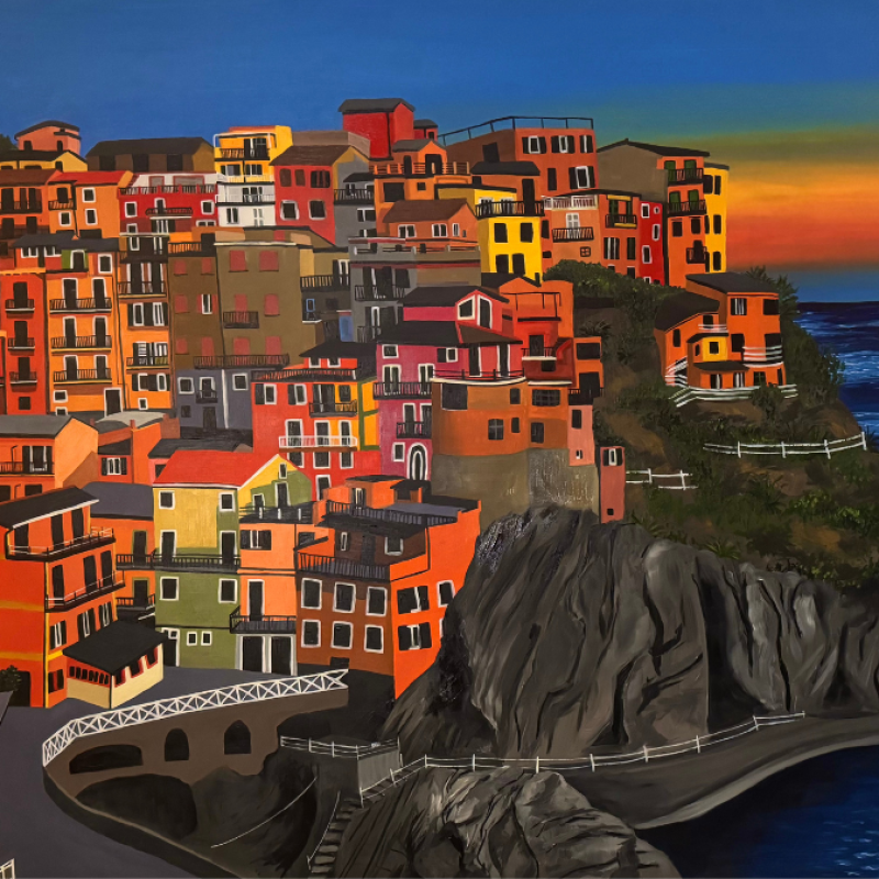 A painting of Cinque Terre in Italy at sunset with colourful vibrant buildings