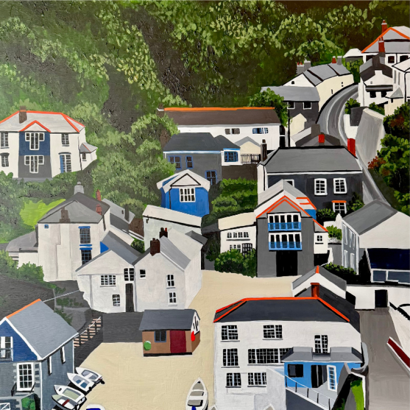 A painting of Port Loe in Cornwall, white buildings on the shoreline with colourful trees