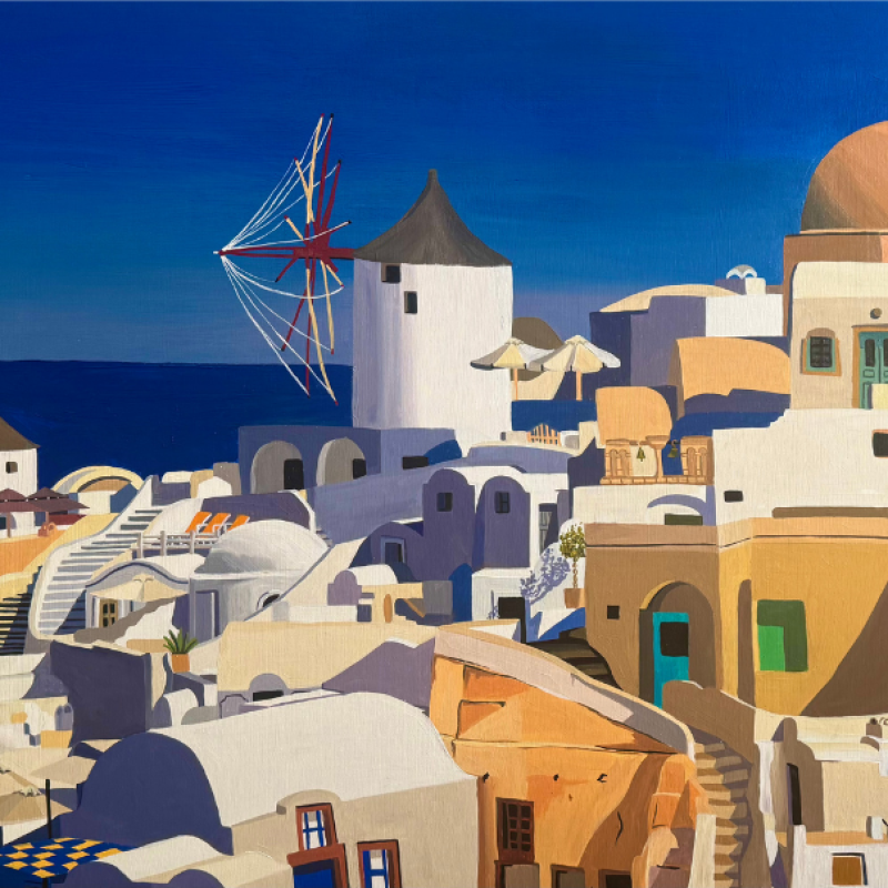 A painting of Santorini on a sunny day with vibrant white buildings