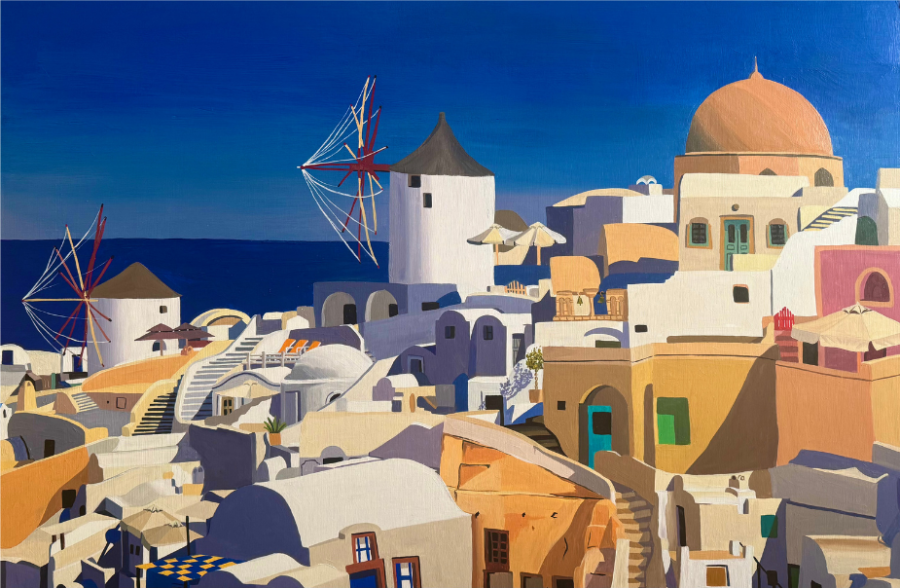 A painting of Santorini in Greece on a sunny day with blue skies and vibrant white buildings.