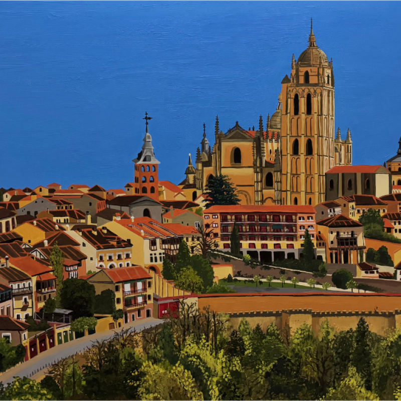 A painting of Segovia in Madrid on a sunny day with blue skies and vibrant buildings