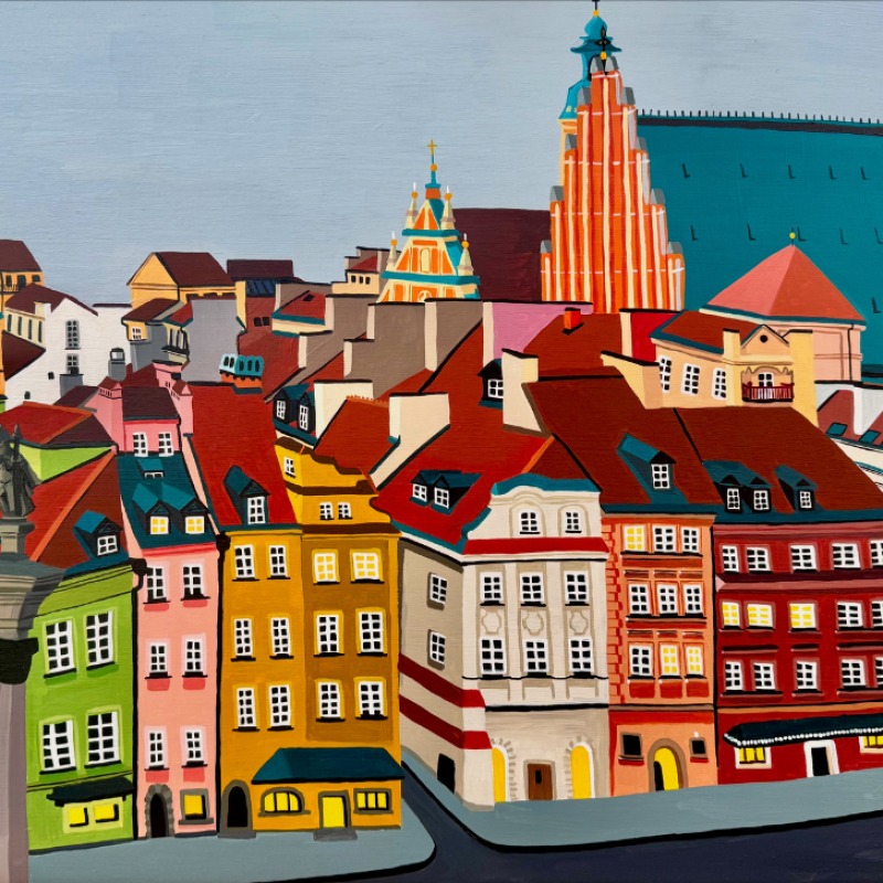 A painting of Warsaw in Poland at dusk, featuring colourful buildings