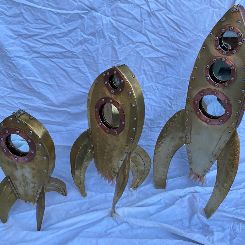 Rocket Sculptures between 250mm - 350mm. Mirror, recycled brass & copper
