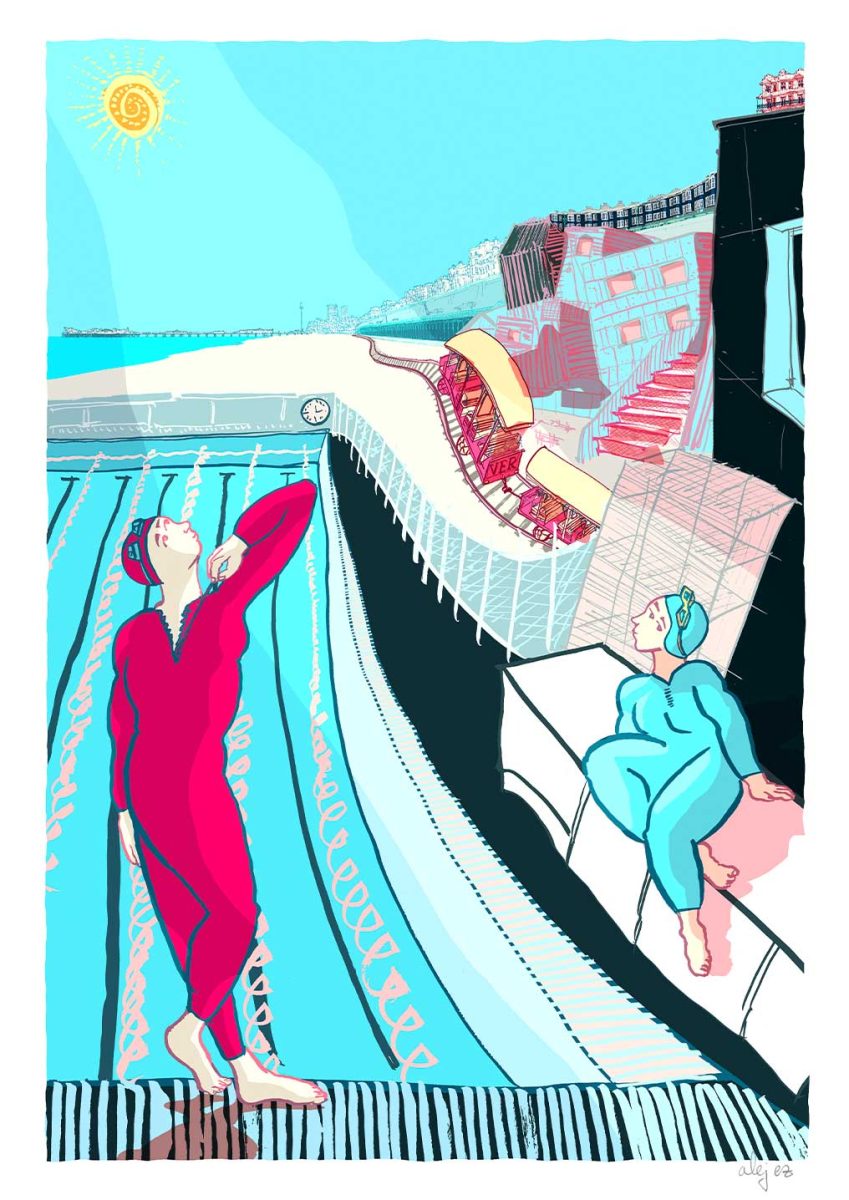 Modern Bathers Brighton is a print rooted in personal experience, art history, and Brighton’s layered identity.  The word “Bathers” refers both to the historic tradition of sea bathing in Brighton and to the artist’s own life as a passionate swimmer. It nods especially to Martha Gunn, the town’s most famous eighteenth-century “dipper,” who helped bathers into the sea using bathing machines. The title also hints at the modern technology of swimsuits, linking past and present forms of bathing.  “Modern” connects the work to Modernism in art history. The print echoes Paul Cézanne’s bathers, as well as Pablo Picasso, and later British Modernists such as John Craxton and John Piper. These references place the work within a broader artistic lineage while reinterpreting it in a contemporary coastal context.  The print is also a celebration of Brighton’s architectural and seaside character. It brings together landmarks including Sea Lanes and Madeira Drive, the Royal Crescent, the arches along the seafront, Marine Parade’s Georgian and Victorian terraces, the historic Volks Electric Railway, and the Brighton Palace Pier. Rather than depicting a single, literal viewpoint, the scene is a collage of lived experience—drawn from a summer week of swimming at Sea Lanes—merging memory, movement, and place.  At its core, Modern Bathers weaves together personal ritual, local history, Modernist influence, and Brighton’s built and maritime landscape into one layered composition.