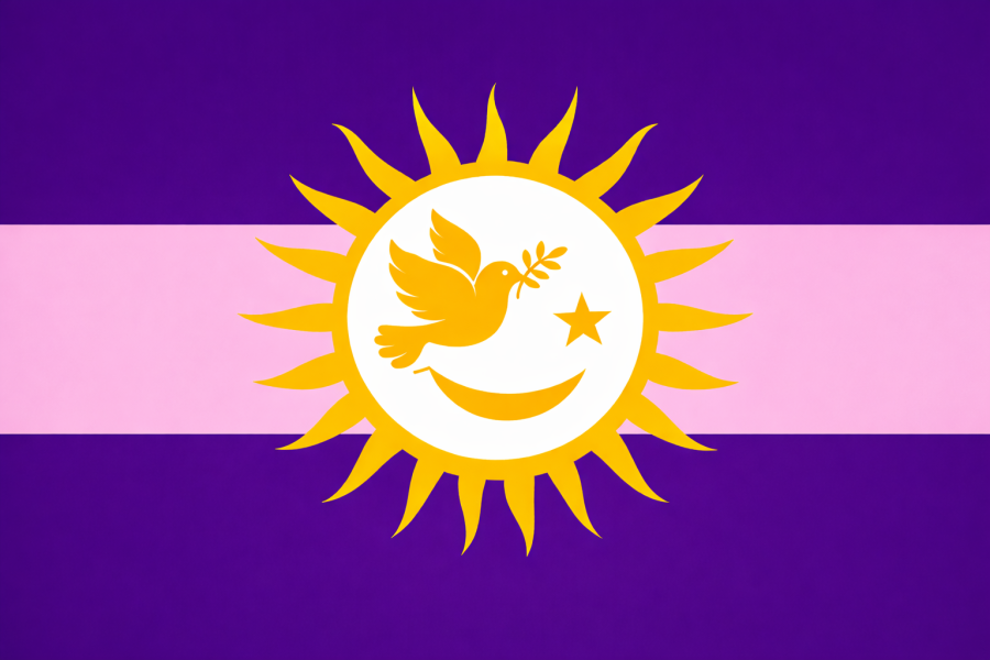 Flag with dove, moon and star within a sun. Pink and purple horizontal stripes. 