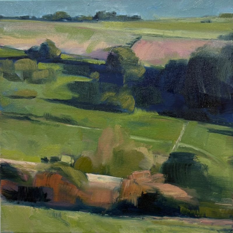 Partially abstracted landscape in oil on canvas in a white wood floating frame. The painting depicts a view across a valley on the South Downs taken from near Chanctonbury Ring.There is a heightened use of contrast to capture the late afternoon light illuminating fields and hedgerows.