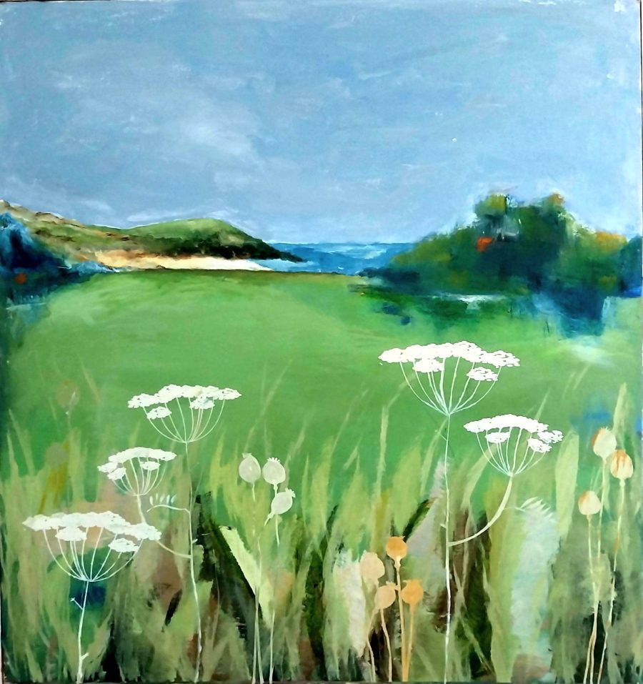 Landscape with blue sky, verdant green hills and spring flowers in the foreground, 90 x 80 cm, mixed media on board, £600