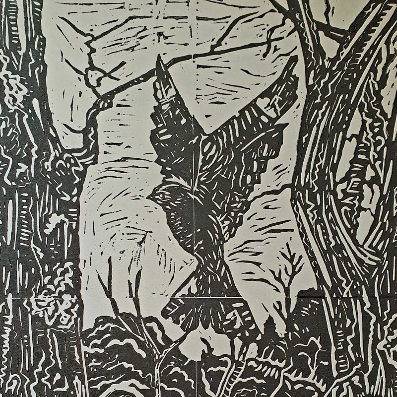A black ink print on white paper of two birds in the woods