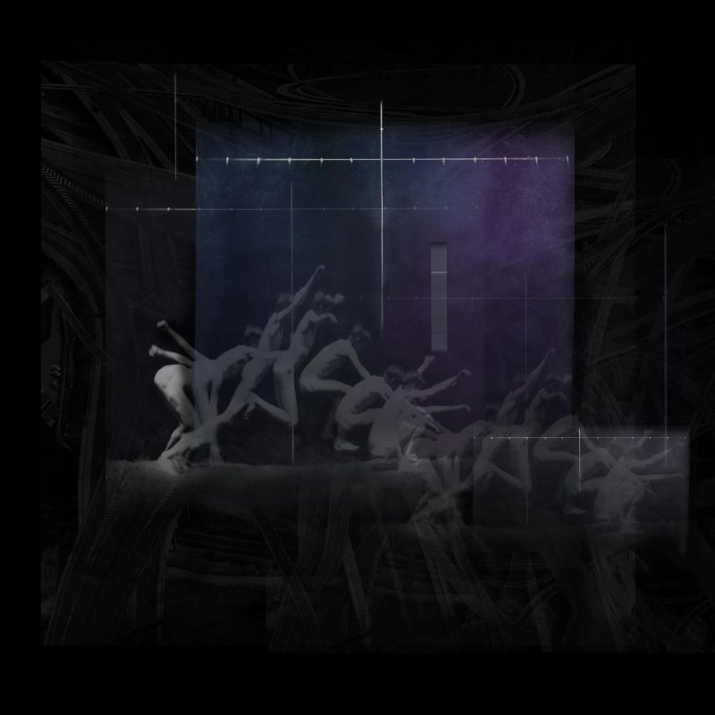 Mixed media work with pole vaulting figure 