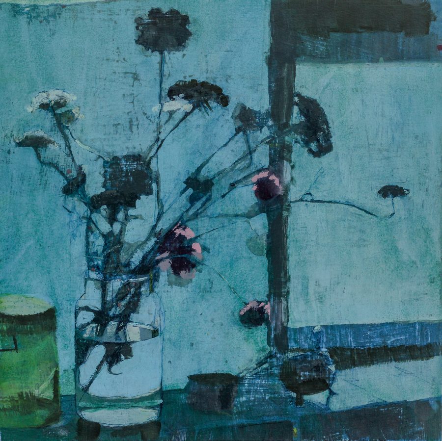 A beautiful painting in tones of blue of a quiet still life.