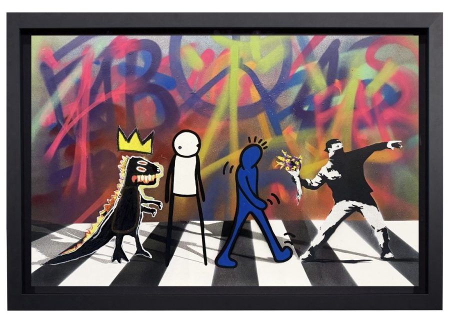 Basquiat, Stik, Haring and Banksy character crossing a Beatles style zebra crossing with a colourful graffiti style background. 