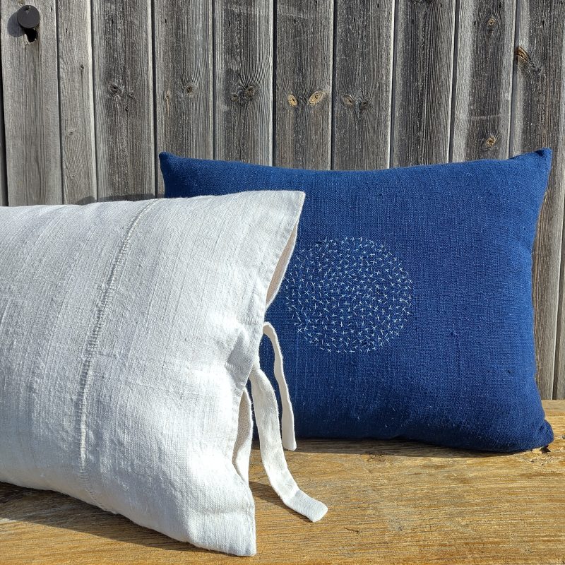 Cushions - vintage linen, indigo handweave. hand stitch detail. natural feather pad.