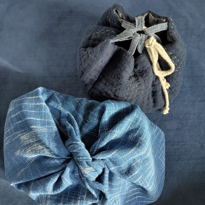 'Japanese' komebukuro and knot bag - Linen, handweave cotton. layered hand stitch.