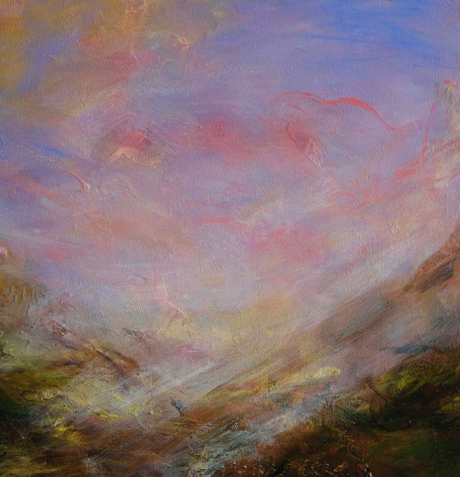 A predominantly pink painting inspired by sunset on the South Downs.  