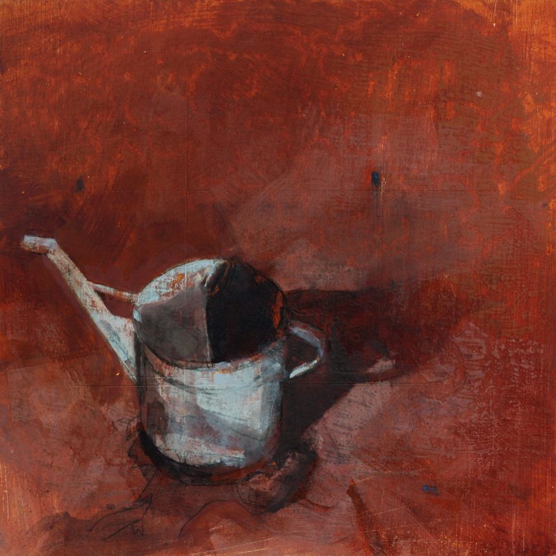 A moody painting of a single watering can 