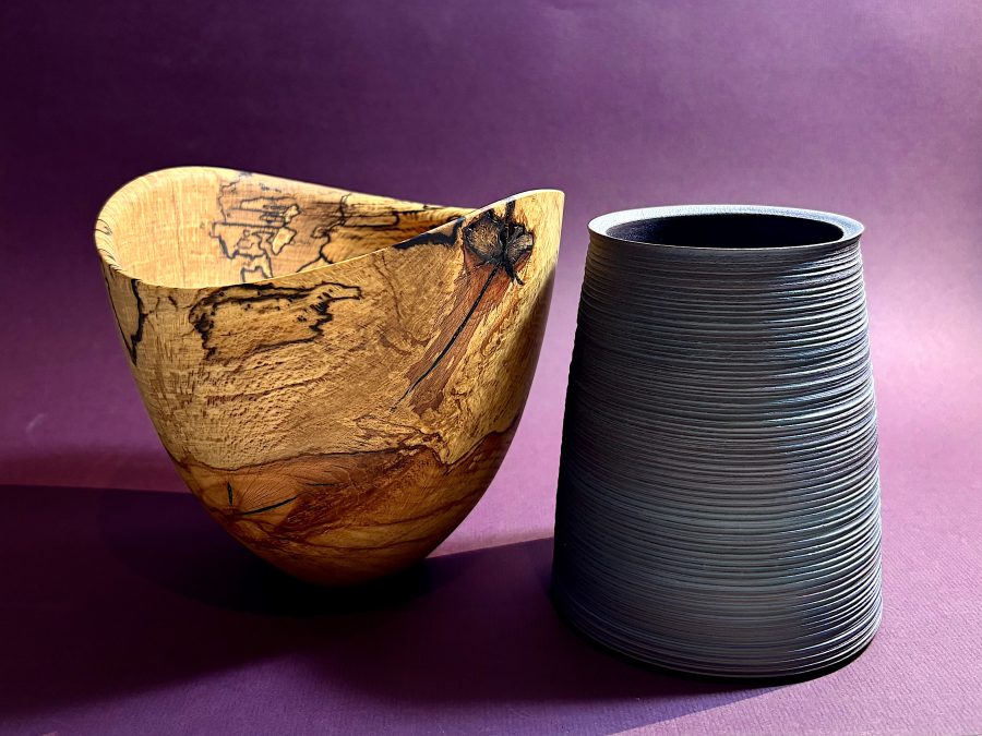 2 pots, one wood and one ceramic