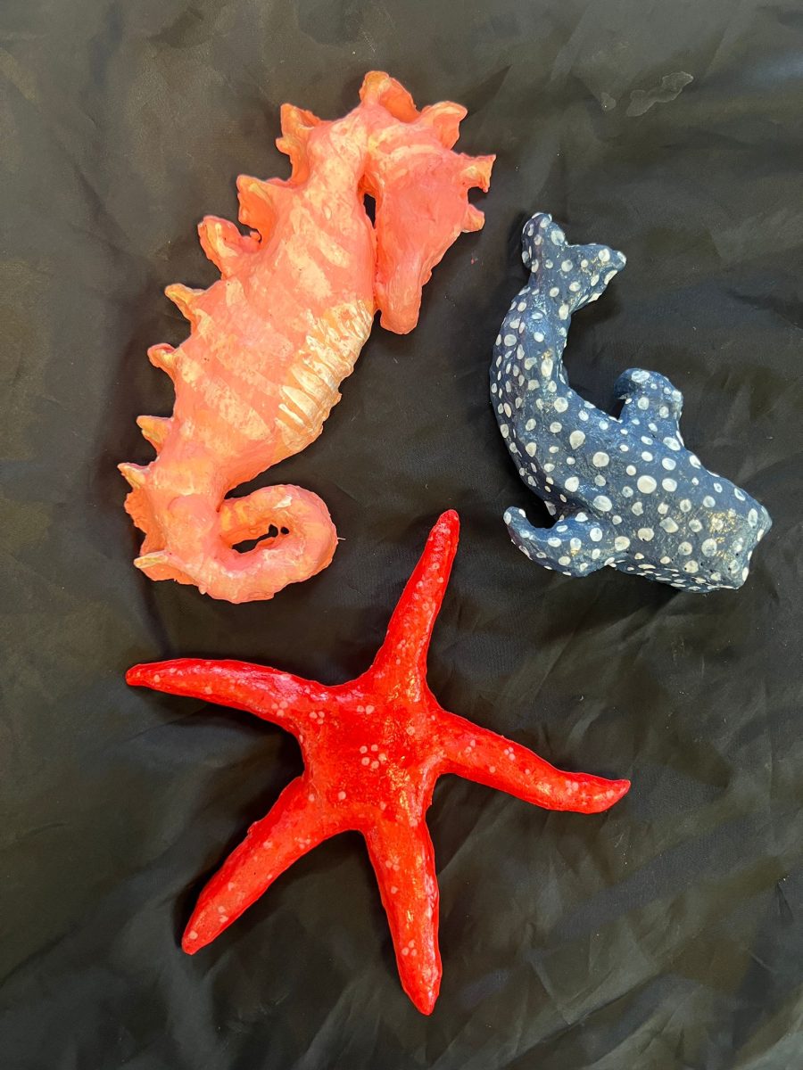 Ceramic sculptures of a seahorse, starfish and whale shark, created by Year 8 pupils