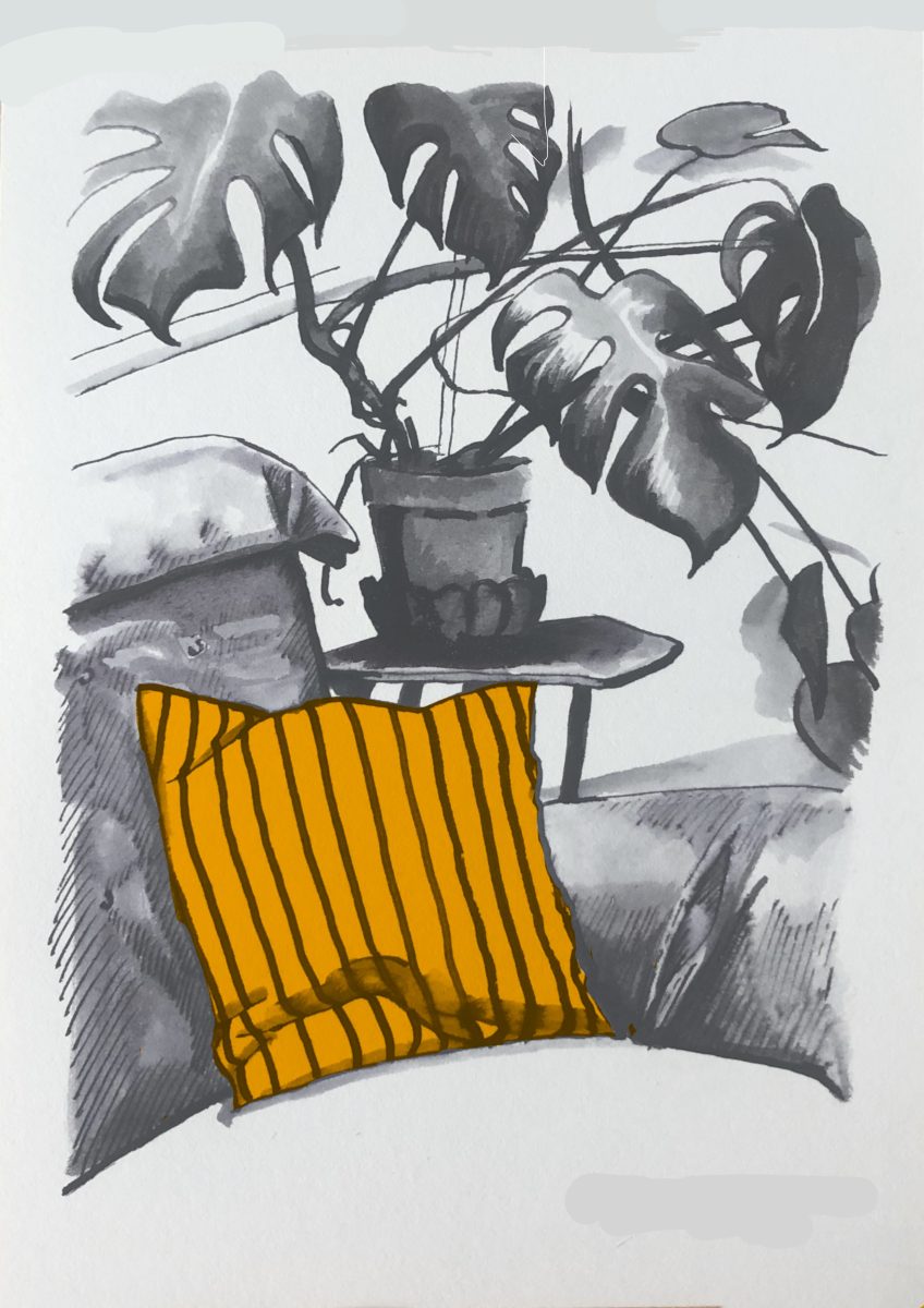 Monochrome charcoal drawing of sofa corner, foliage behind and yellow striped cushion.