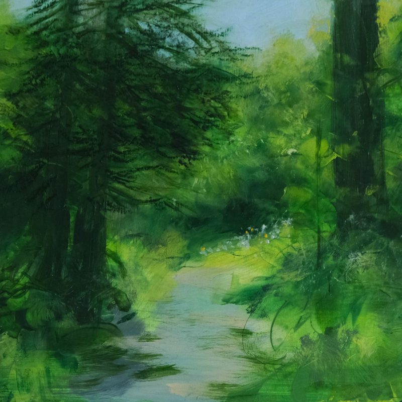 Vibrant green painting inspired by a path through Stanmer Woods where firescrests can be heard singing.