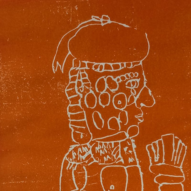 A human figure seen in profile against orange background. 