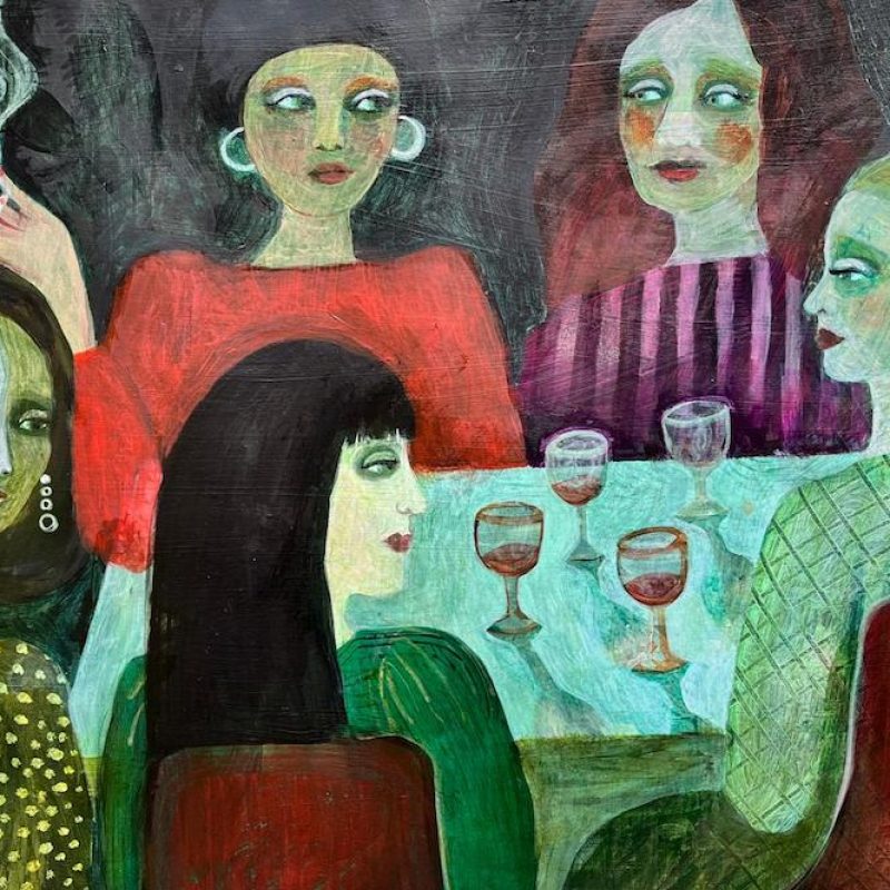 Painting of brightly dressed female characters around table with wine glasses in dark setting. 
