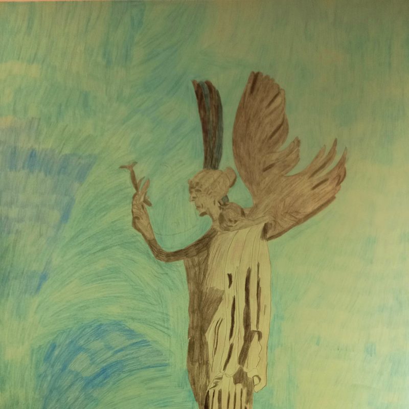 The figure of Angel, art work inspired by statue of angel in Hove. Grey and yellow are colours of angel with blue background.  