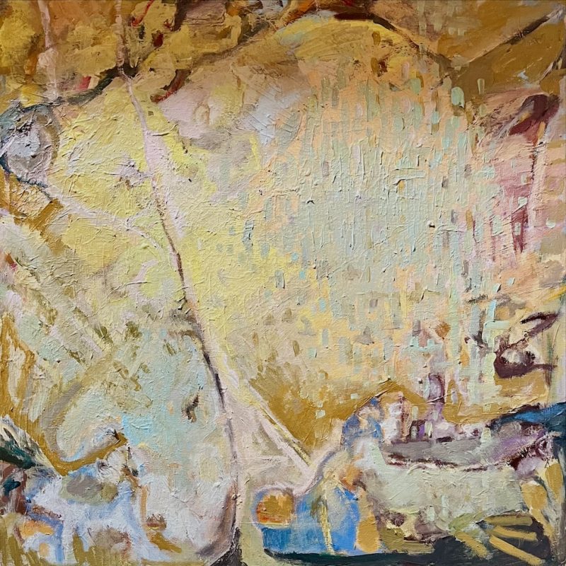 Abstract painting with subtle texture, predominantly pale cream and ochre palette.