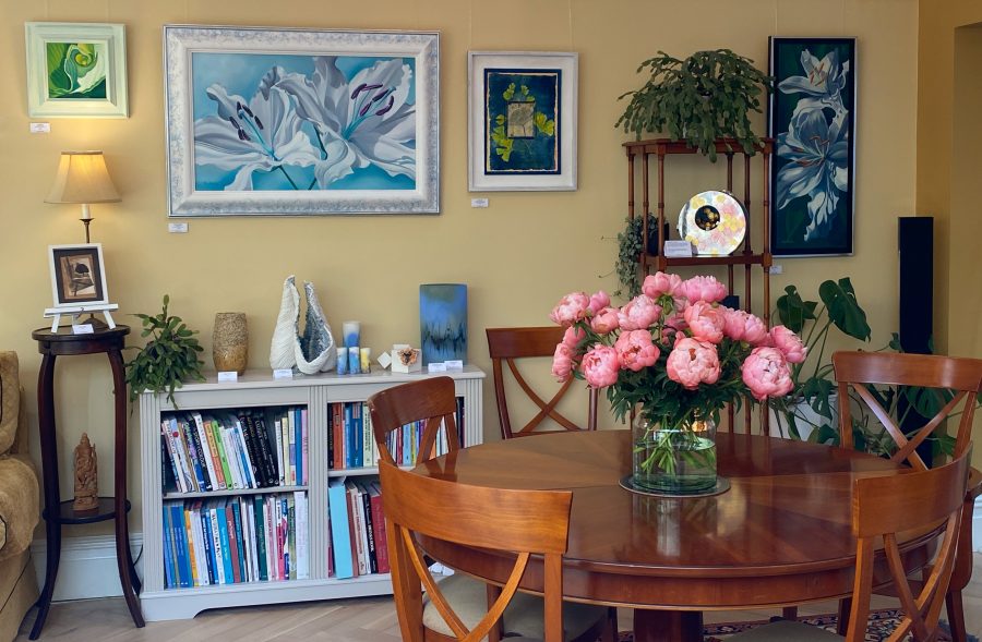 An interior view of the house with artwork displayed