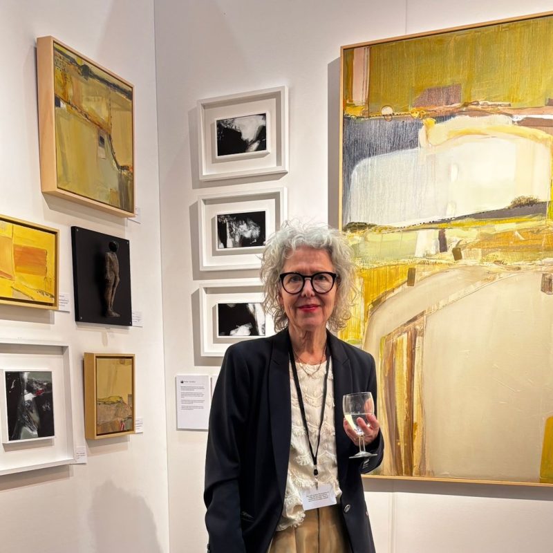 Artist Jo Watters-Pawlowski, Standing in front of her painting Rambling I, 142 x 112 x 4 cm.  This was at Fresh Art Fair, Alexander Palace, London on January 28th 2026