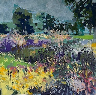 An impressionistic garden scene filled with vibrant yellow, purple, and pink flowers, layered foliage, and tall green trees beneath a muted, cloudy sky