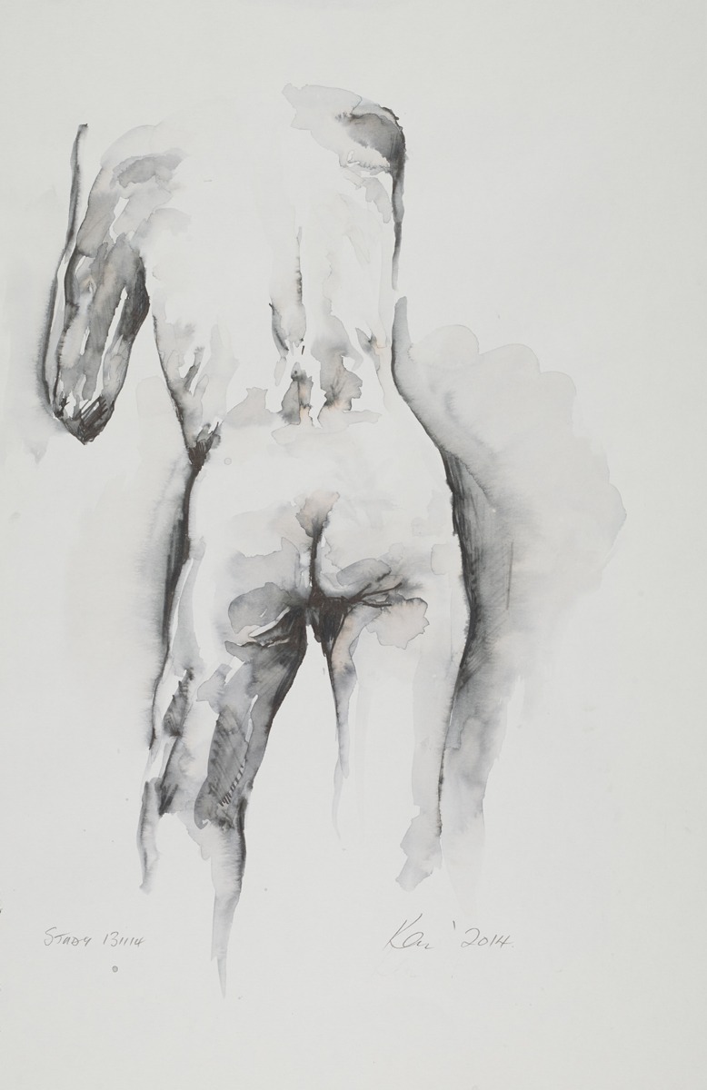 A minimalist black-and-white watercolor painting of a loosely defined nude human figure, rendered with soft, fluid brushstrokes against a plain white background.