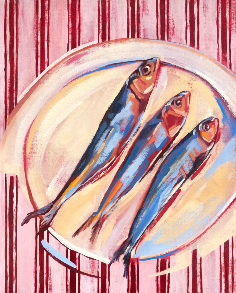 This painting shows three fish arranged side by side on a large round plate. The plate fills most of the image and is painted in soft cream and pale yellow tones, with loose visible brushstrokes.  The fish lie diagonally from the lower left toward the upper right. Their bodies are long and slender. They are painted in bold blues with touches of orange, red and white highlighting their scales and contours. Their eyes are round and alert, facing upward. The tails angle slightly outward, creating a gentle fan shape.  The background is patterned with vertical red stripes over a pale pink surface. The stripes drip downward, giving a sense of movement and fluidity.  The overall style is expressive rather than realistic, with strong colour contrast and visible brush marks that give the scene energy and warmth.
