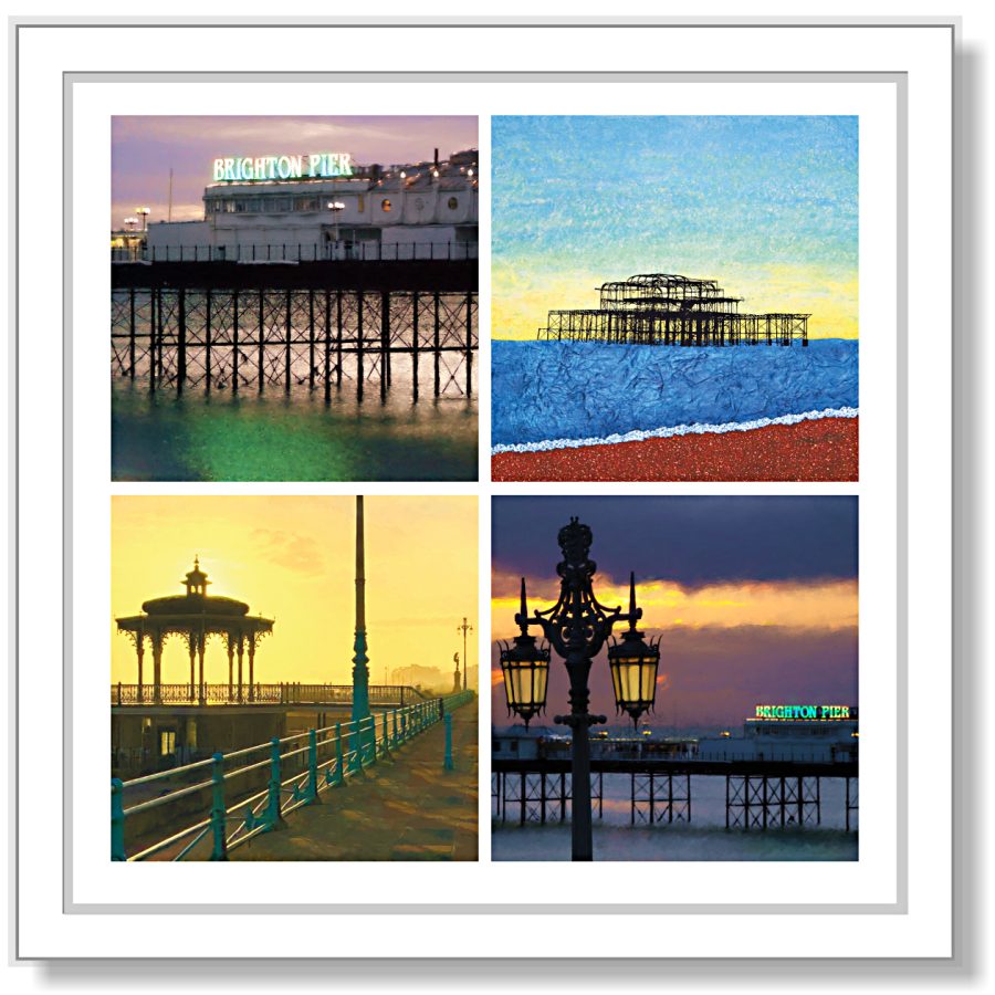 A digital collage of Troy's evocative colourful Paintings and Prints featuring iconic Brighton and Hove sea front scenes