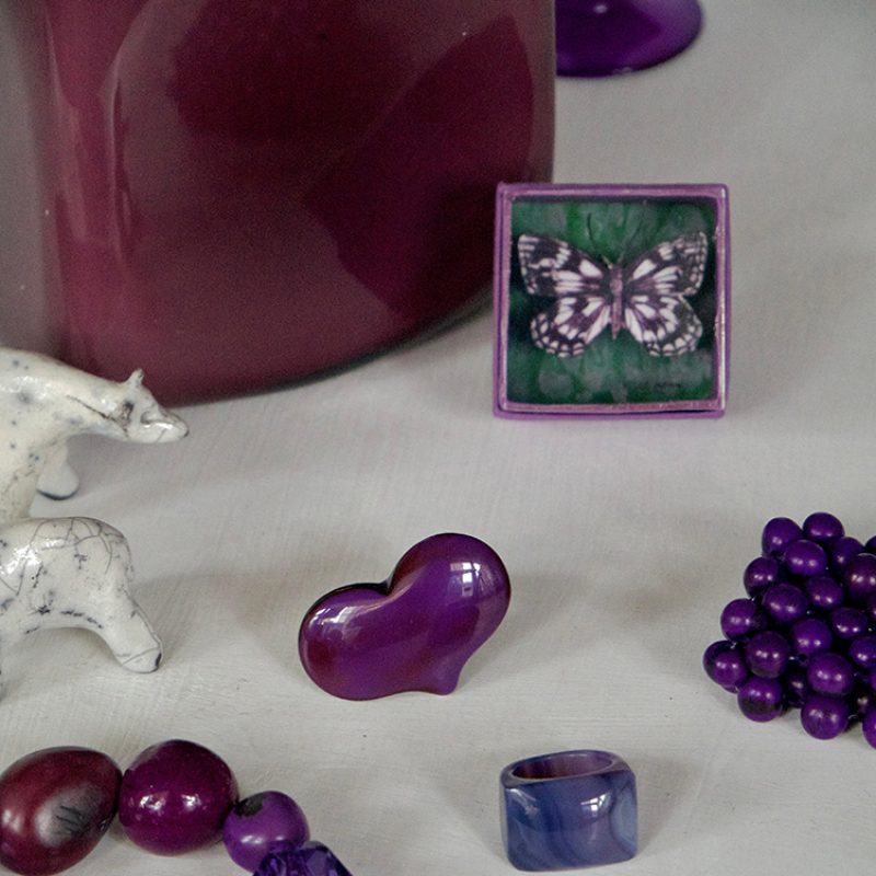 Raku fired dogs seed jewellery and collage butterfly in box 