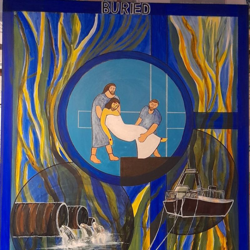 under sea with coral and kelp, sewage outflow, deep trawling, Jesus buried