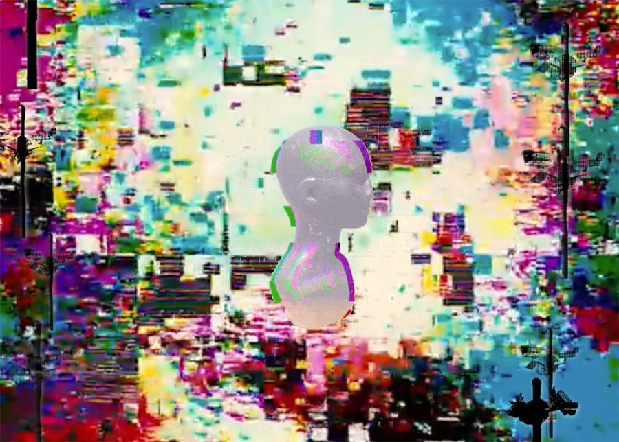 A silver disembodied head floats - partly rotated - on a background of multicoloured glitchy noise. 