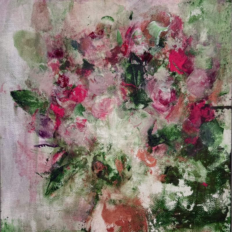 Green and pink roses on canvas