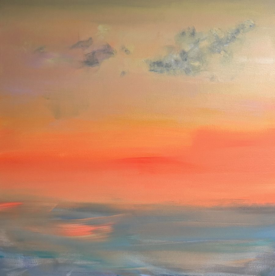 Abstract sunrise of a painted orange sunset with grey and pink clouds over grey/blue water