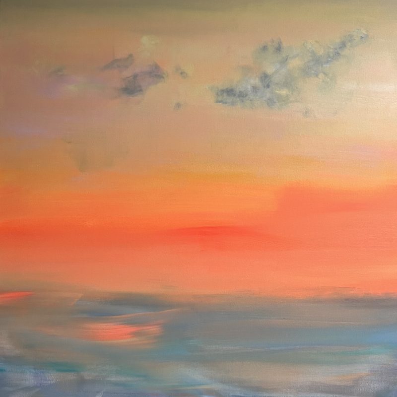Abstract of a painted orange sunset with grey and pink clouds over grey/blue water