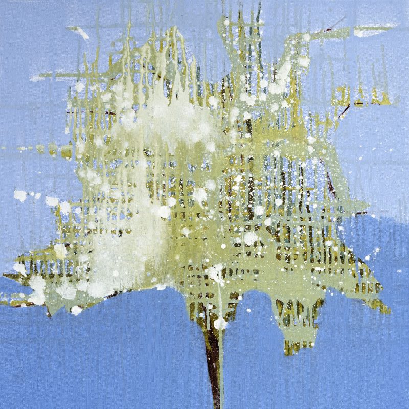 Translucent abstract layers describe a hawthorn tree in blossom against a blue sky