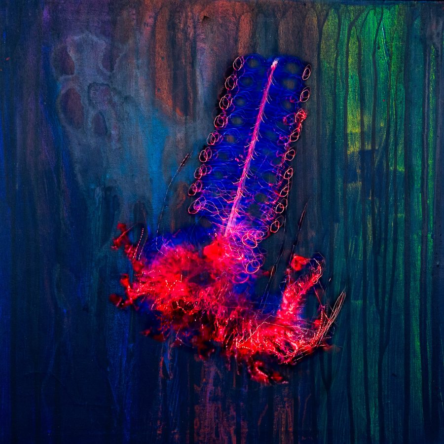 Two media abstracts: background oil on canvas and foreground abstract sea-life photographic interpretation 