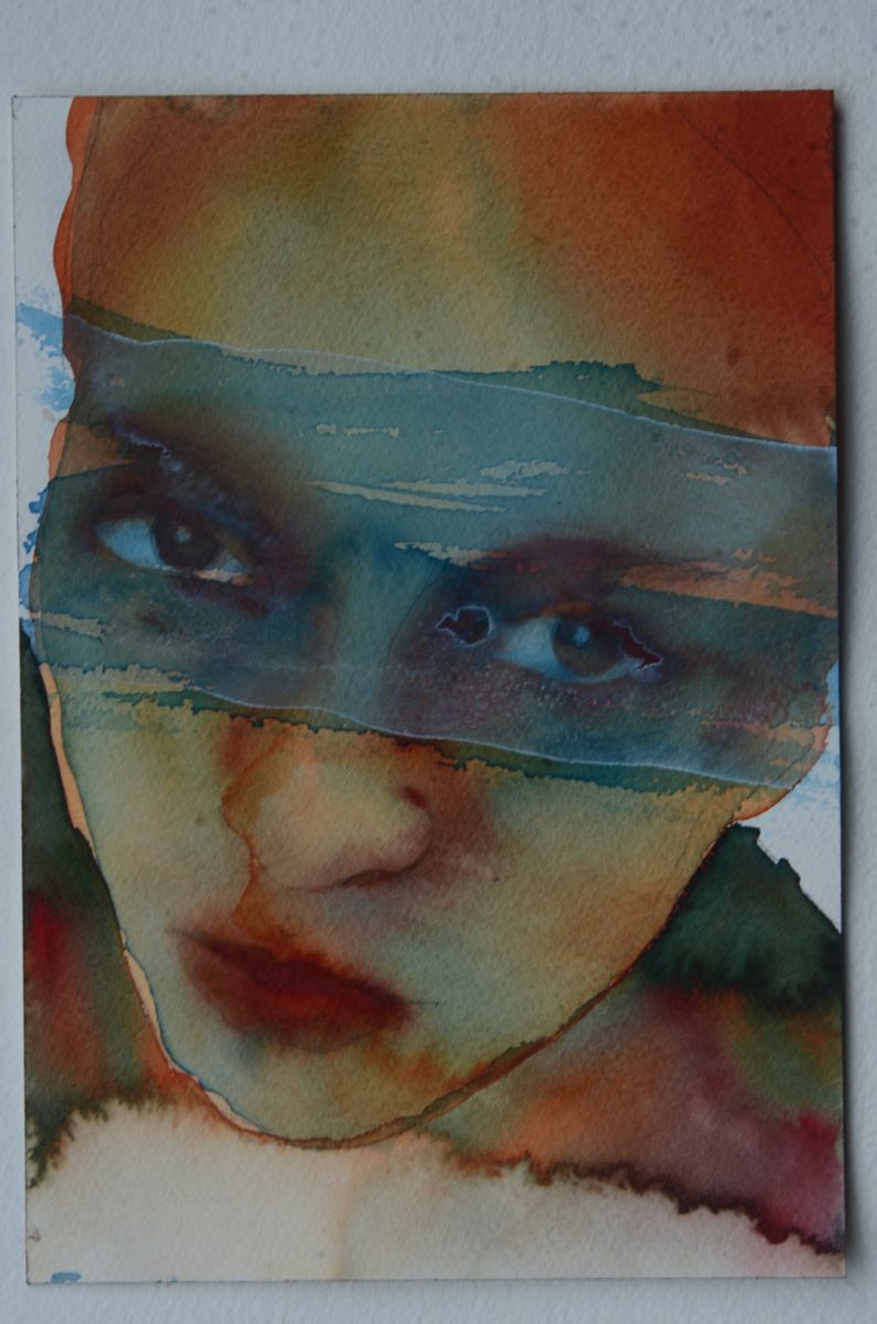 A watercolour painting of a woman's face staring directly at the viewer.
