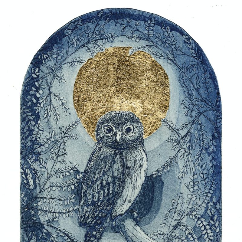 A predominantly blue painting with an owl on a branch in the centre of the piece with a gold leaf moon behind its head. Painting is in the shape of an Arched roman window. 
