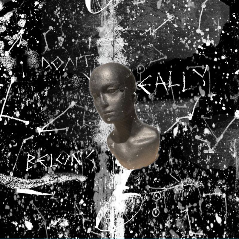 A disembodied head floats in a world  with a black background and words written in stars - I do not belong. 