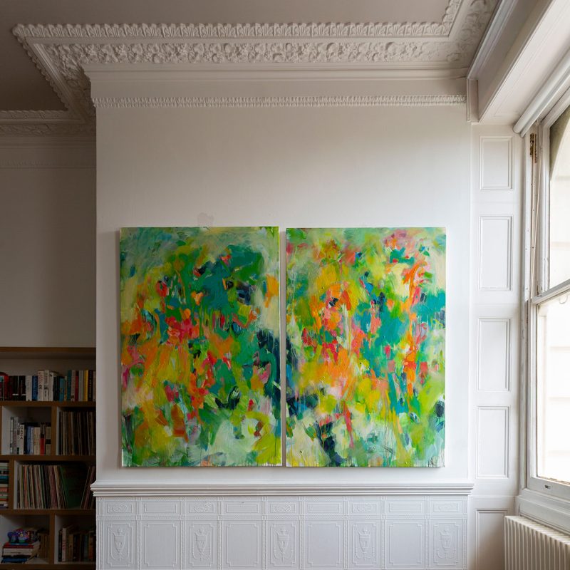 Multi colour Abstract Expressionist large diptych oil on canvas