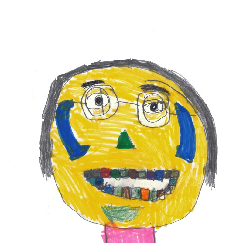 Round yellow face man with a big smile showing his multi-coloured teeth. 