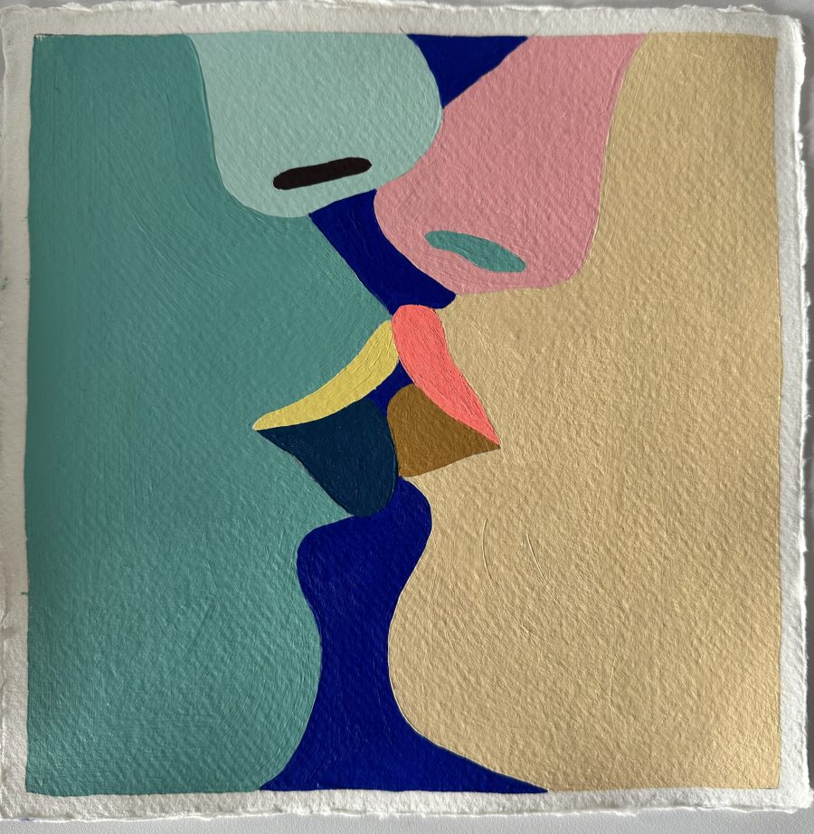 Two abstract, face-like figures in turquoise and sandy yellow lean together in a kiss, formed from bold, curved shapes in blue, pink, and ochre on textured paper.