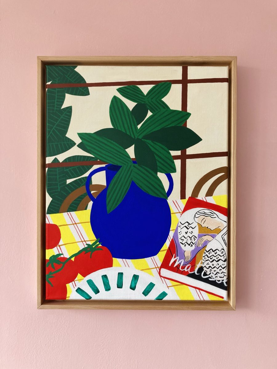A painting of a blue vase with greenery in it, on a table with vine tomatoes and a matisse book