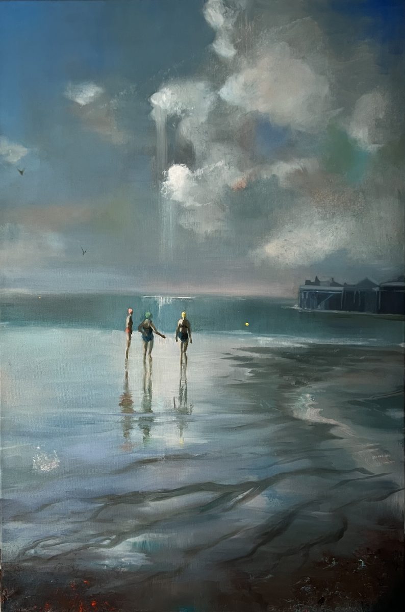 Oil painting in soft blues and neutrals, depicting the light falling on a low tide in the dawn moonlight reflecting on three female swimmers in the distance, partially silhouetted against the light and the water shining on the expanse of sand. 